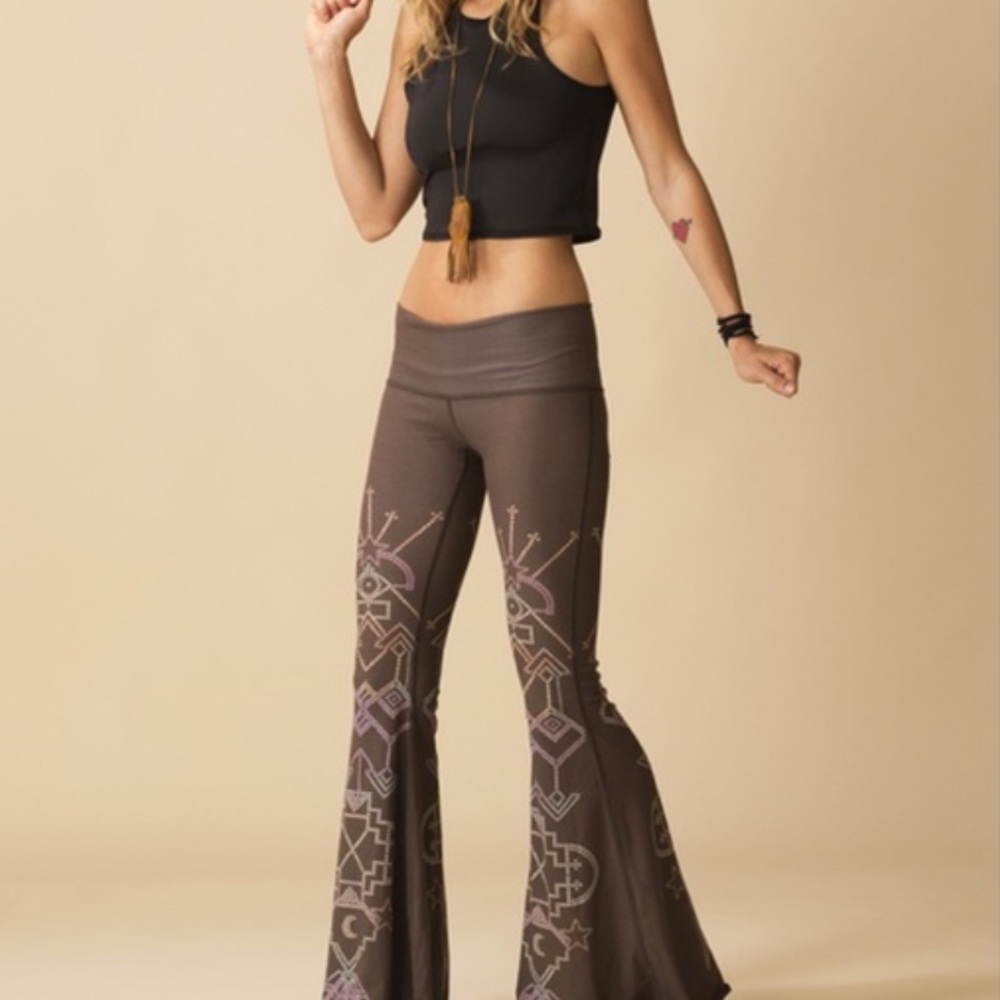 TEEKI Seven Crowns Bell Bottom Pants Pull On Wide Waistband Brown Size M #13757